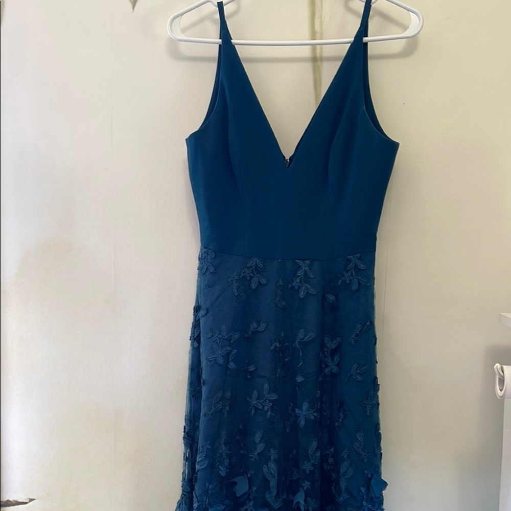 Dress the Population Darleen V-Neck Peacock Blue Embellished Midi Dress - Picture 6 of 13